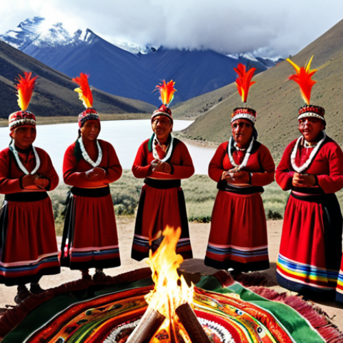 Home 4 **Prompt:** A vibrant celebration in the Bolivian Andes, showcasing indigenous people in traditional clothing performing a ritual dance around a sacred fire. The faces should reflect deep spirituality and connection to their ancestral heritage. Include elements of nature, such as mountains and lush greenery, in the background. Emphasize the rich colors and textures of the textiles and ceremonial objects.