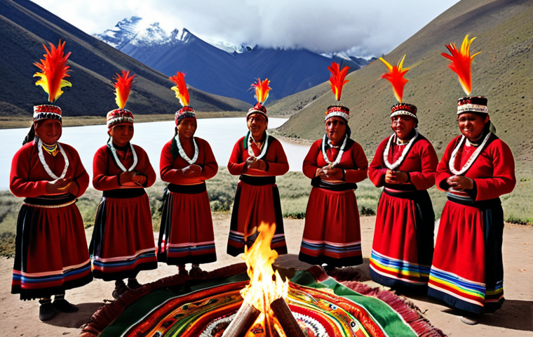**Prompt:** A vibrant celebration in the Bolivian Andes, showcasing indigenous people in traditional clothing performing a ritual dance around a sacred fire. The faces should reflect deep spirituality and connection to their ancestral heritage. Include elements of nature, such as mountains and lush greenery, in the background. Emphasize the rich colors and textures of the textiles and ceremonial objects.