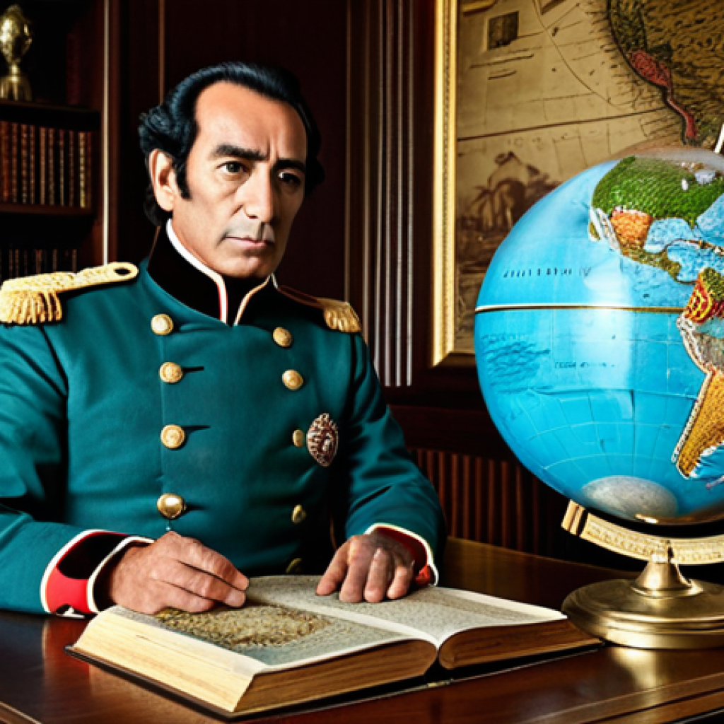 A professional portrait of Simon Bolivar, a distinguished statesman and military leader, standing in a grand, classically inspired study. He is depicted in a modest, historically accurate 19th-century military uniform, fully clothed with appropriate attire. His pose is natural and contemplative, gazing towards a large, illuminated map of South America on a table, symbolizing his vision for 'Gran Colombia'. The room features dark wood paneling, a globe, and old books. The lighting is soft and dramatic, highlighting his determined expression. Perfect anatomy, correct proportions, well-formed hands, natural body proportions. Professional photography, highly detailed, realistic, safe for work, appropriate content, family-friendly.