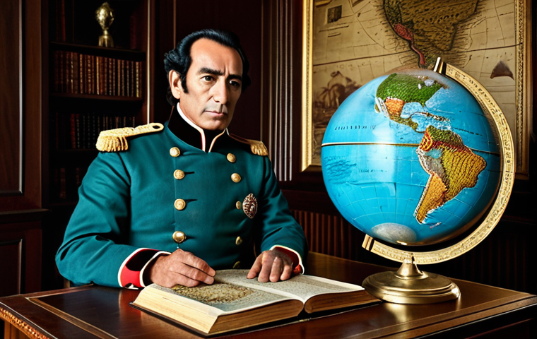 A professional portrait of Simon Bolivar, a distinguished statesman and military leader, standing in a grand, classically inspired study. He is depicted in a modest, historically accurate 19th-century military uniform, fully clothed with appropriate attire. His pose is natural and contemplative, gazing towards a large, illuminated map of South America on a table, symbolizing his vision for 'Gran Colombia'. The room features dark wood paneling, a globe, and old books. The lighting is soft and dramatic, highlighting his determined expression. Perfect anatomy, correct proportions, well-formed hands, natural body proportions. Professional photography, highly detailed, realistic, safe for work, appropriate content, family-friendly.