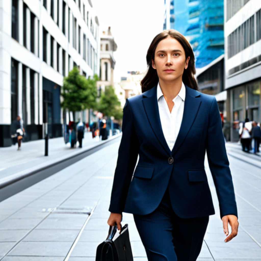 **

A professional businesswoman in a modest business suit, walking confidently through a bustling city street in daylight, fully clothed, appropriate attire, safe for work, perfect anatomy, natural proportions, professional photography, high quality.

**
