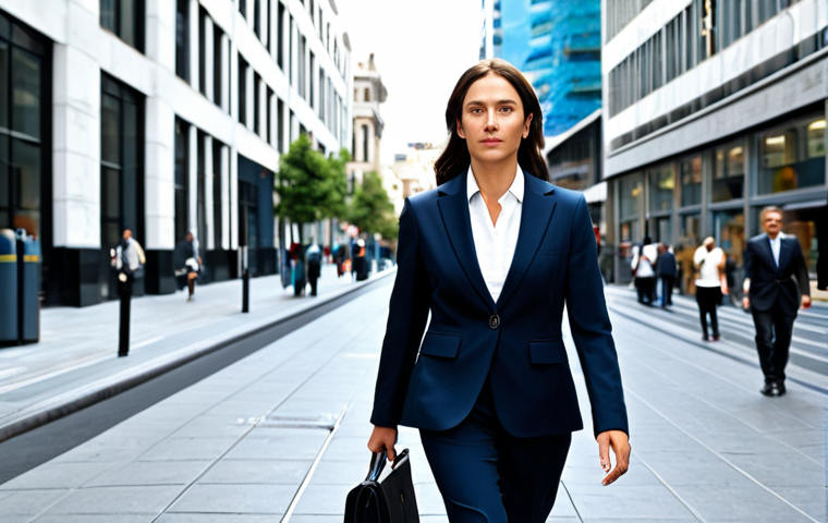 **
A professional businesswoman in a modest business suit, walking confidently through a bustling city street in daylight, fully clothed, appropriate attire, safe for work, perfect anatomy, natural proportions, professional photography, high quality.
**