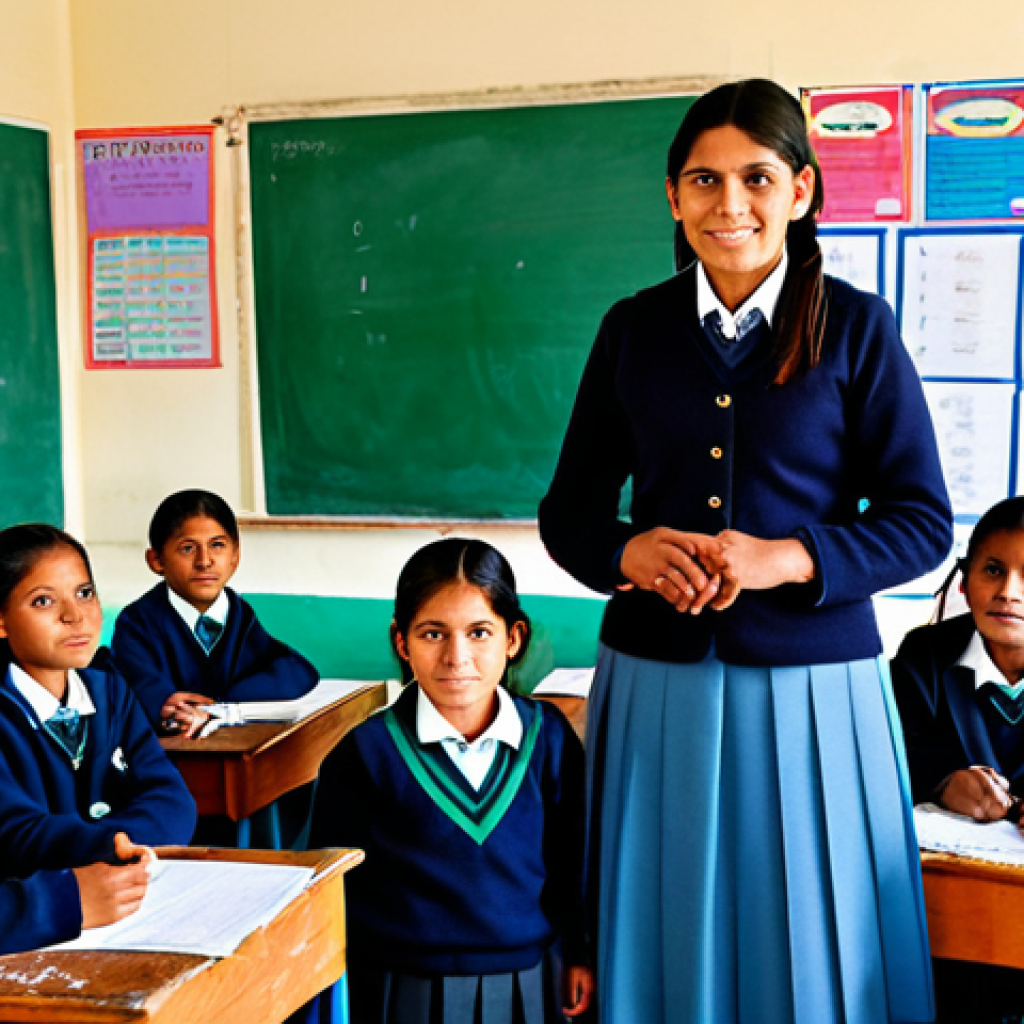 볼리비아의 공용어와 지역 언어 - **Subject:** A Bolivian school classroom scene. **Clothing:** Children in modest school uniforms, te...