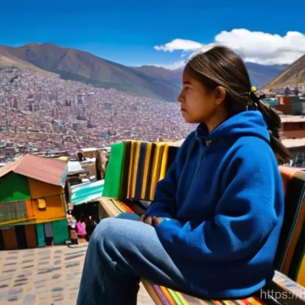 볼리비아 여행자 보험 필수 여부 - **Prompt:** A young female traveler, appearing slightly pale and holding her head gently, sits on a ...