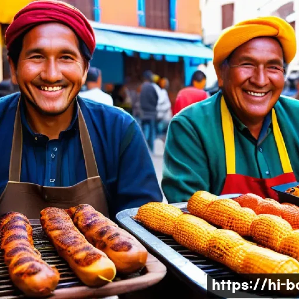 볼리비아 음식 문화 - A bustling and vibrant street food market in La Paz, Bolivia, bathed in warm daylight. In the foregr...