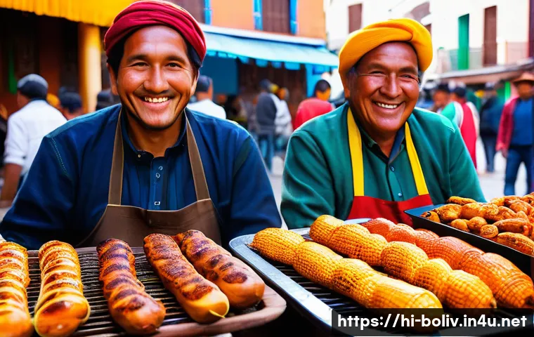 볼리비아 음식 문화 - A bustling and vibrant street food market in La Paz, Bolivia, bathed in warm daylight. In the foregr...